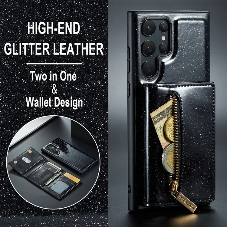 DG.MING M3 Series For Samsung Galaxy S24 Ultra Case Detachable Wallet Phone Kickstand Cover - Black