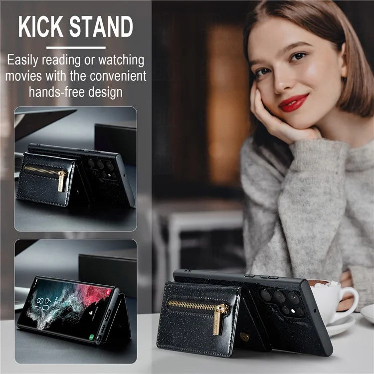 DG.MING M3 Series For Samsung Galaxy S24 Ultra Case Detachable Wallet Phone Kickstand Cover - Black