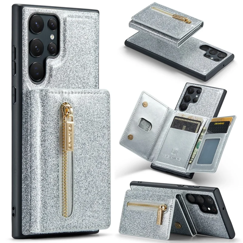 DG.MING M3 Series For Samsung Galaxy S24 Ultra Case Detachable Wallet Phone Kickstand Cover - Silver