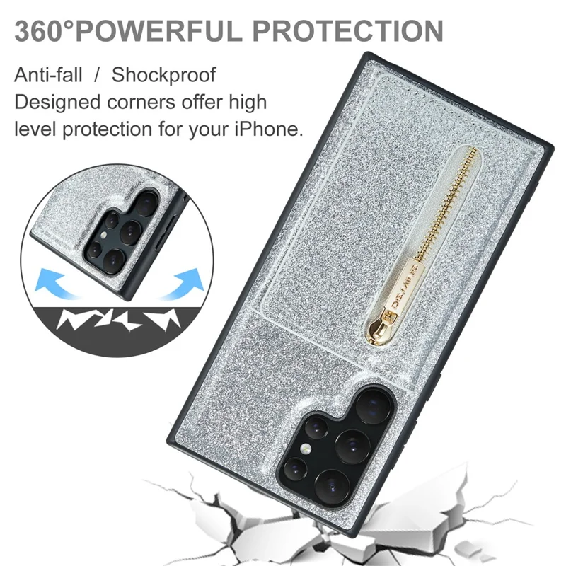 DG.MING M3 Series For Samsung Galaxy S24 Ultra Case Detachable Wallet Phone Kickstand Cover - Silver