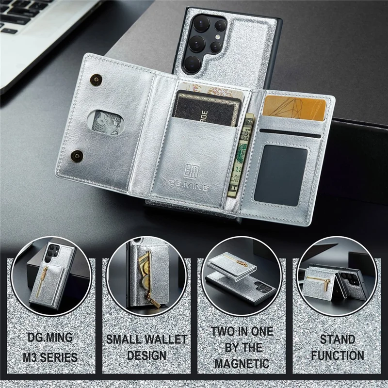 DG.MING M3 Series For Samsung Galaxy S24 Ultra Case Detachable Wallet Phone Kickstand Cover - Silver