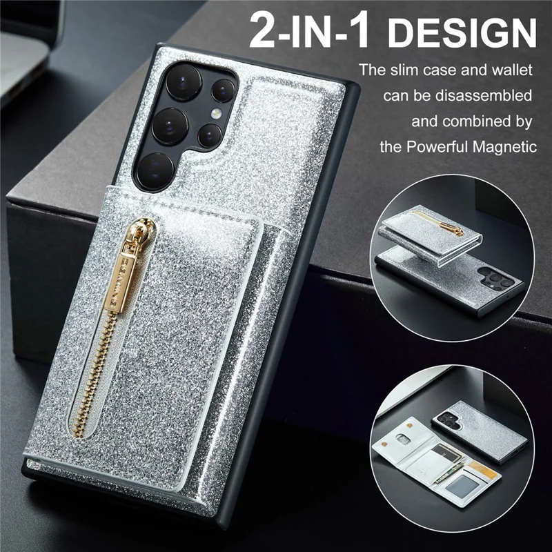 DG.MING M3 Series For Samsung Galaxy S24 Ultra Case Detachable Wallet Phone Kickstand Cover - Silver