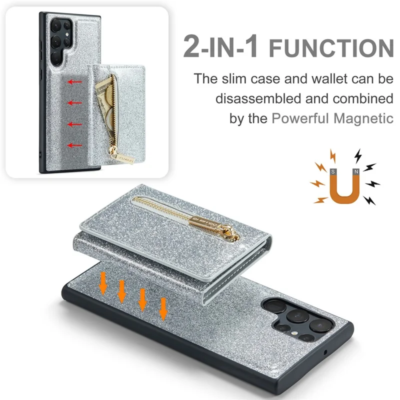 DG.MING M3 Series For Samsung Galaxy S24 Ultra Case Detachable Wallet Phone Kickstand Cover - Silver