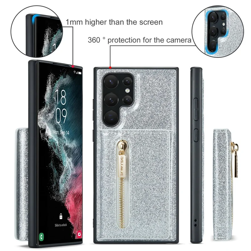 DG.MING M3 Series For Samsung Galaxy S24 Ultra Case Detachable Wallet Phone Kickstand Cover - Silver