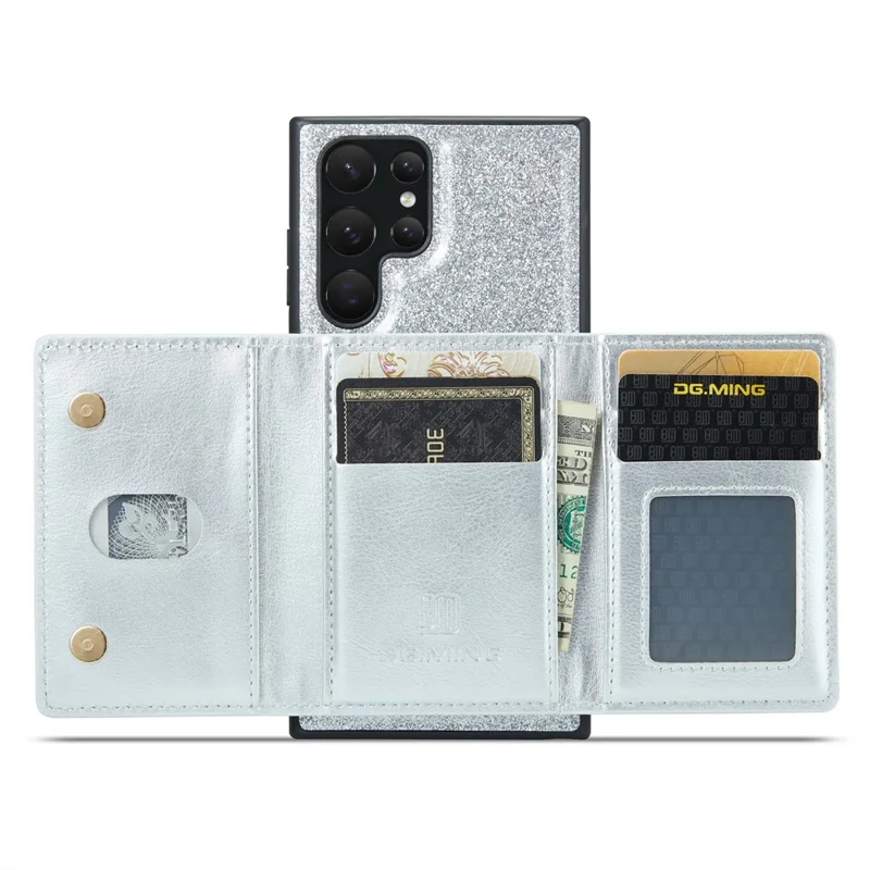 DG.MING M3 Series For Samsung Galaxy S24 Ultra Case Detachable Wallet Phone Kickstand Cover - Silver