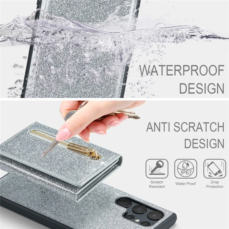 DG.MING M3 Series For Samsung Galaxy S24 Ultra Case Detachable Wallet Phone Kickstand Cover - Silver