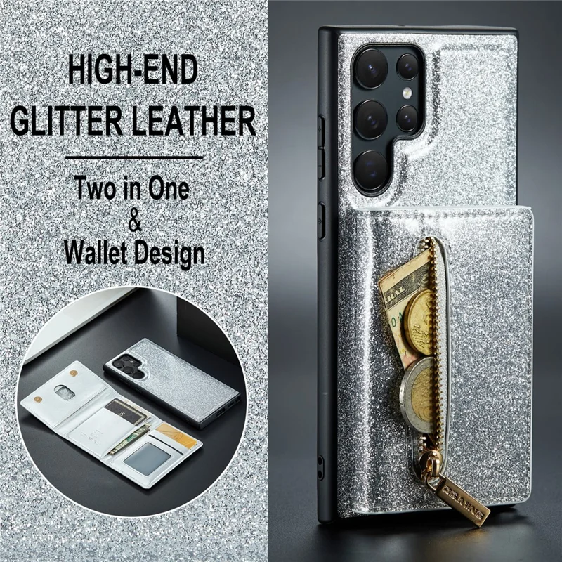 DG.MING M3 Series For Samsung Galaxy S24 Ultra Case Detachable Wallet Phone Kickstand Cover - Silver