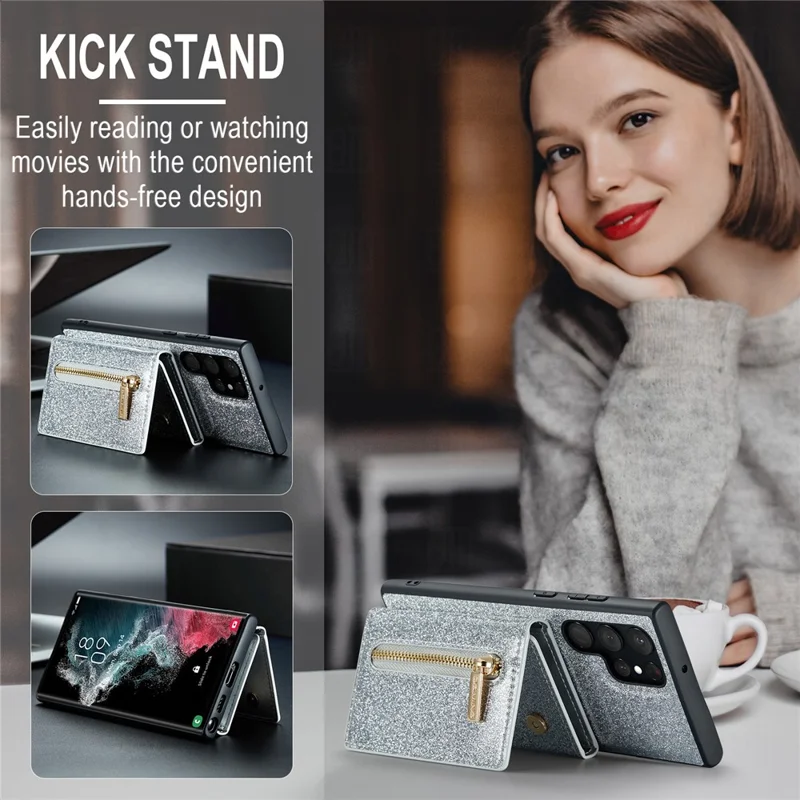 DG.MING M3 Series For Samsung Galaxy S24 Ultra Case Detachable Wallet Phone Kickstand Cover - Silver