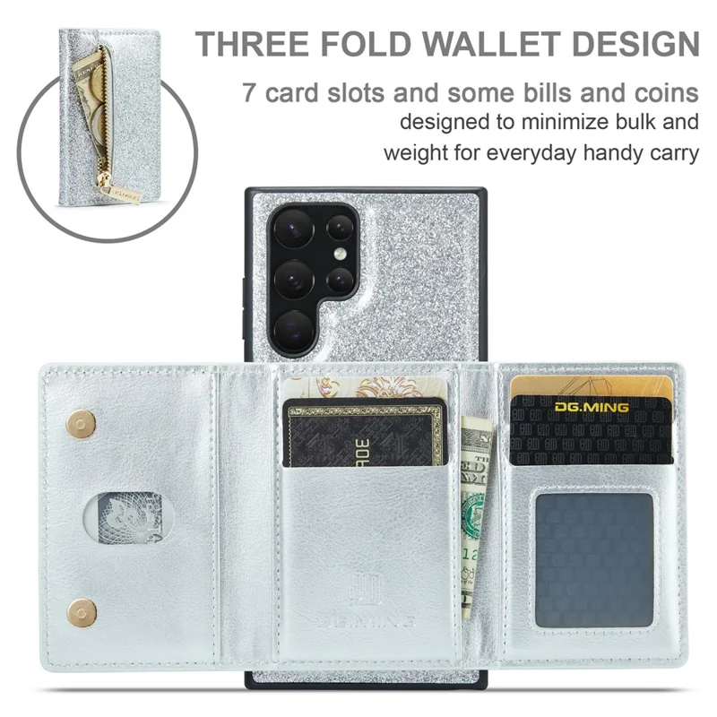 DG.MING M3 Series For Samsung Galaxy S24 Ultra Case Detachable Wallet Phone Kickstand Cover - Silver