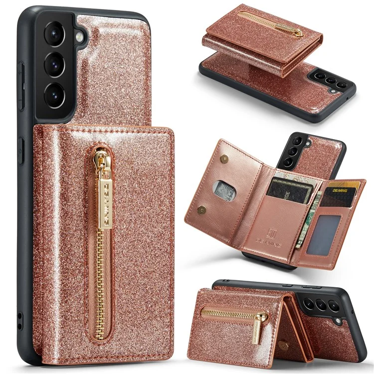 DG.MING M3 Series For Samsung Galaxy S24 Kickstand Case Detachable Wallet Glitter Phone Cover - Rose Gold