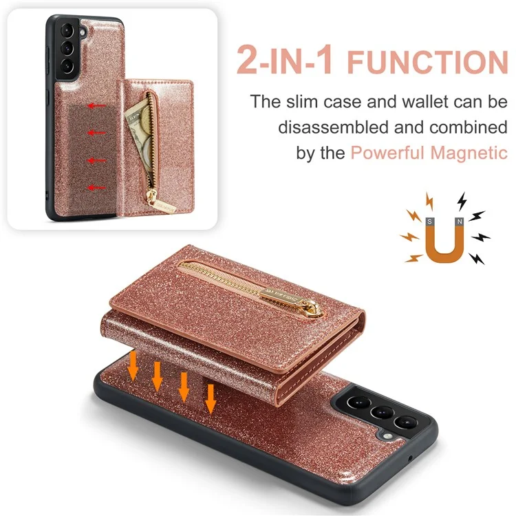 DG.MING M3 Series For Samsung Galaxy S24 Kickstand Case Detachable Wallet Glitter Phone Cover - Rose Gold