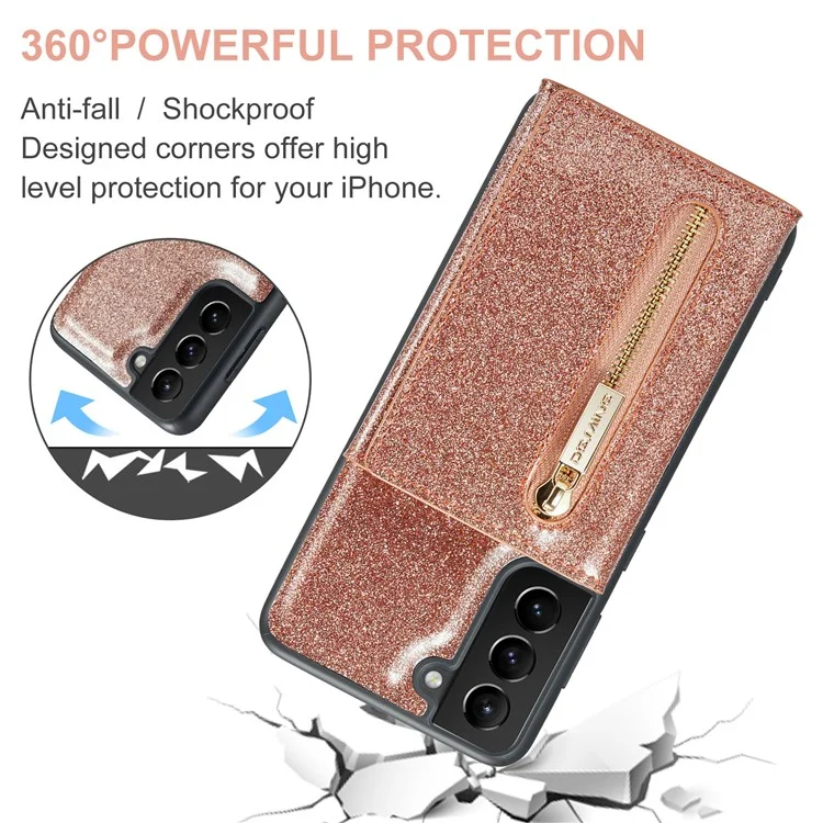DG.MING M3 Series For Samsung Galaxy S24 Kickstand Case Detachable Wallet Glitter Phone Cover - Rose Gold
