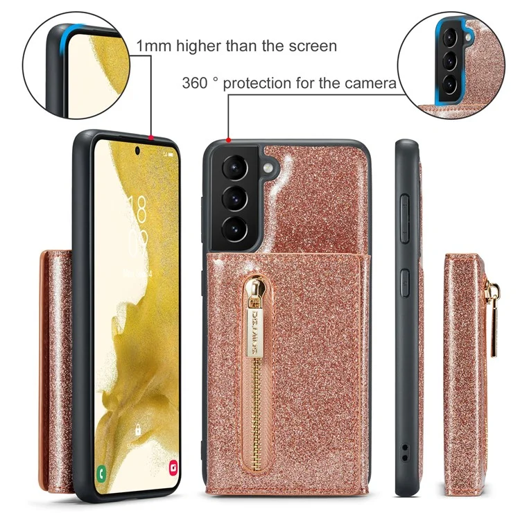 DG.MING M3 Series For Samsung Galaxy S24 Kickstand Case Detachable Wallet Glitter Phone Cover - Rose Gold