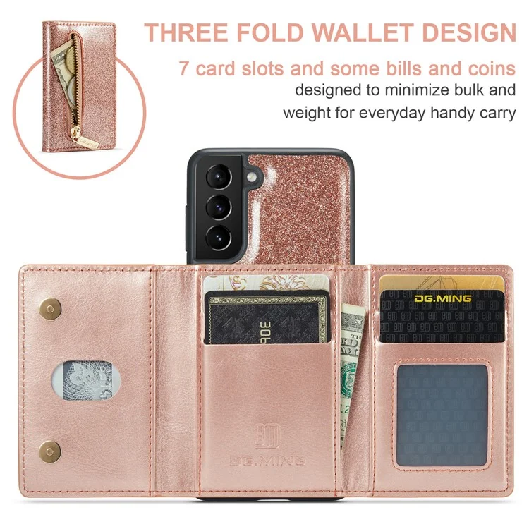 DG.MING M3 Series For Samsung Galaxy S24 Kickstand Case Detachable Wallet Glitter Phone Cover - Rose Gold