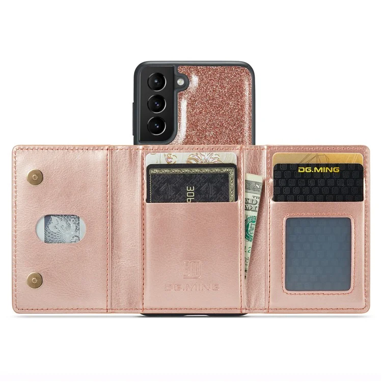 DG.MING M3 Series For Samsung Galaxy S24 Kickstand Case Detachable Wallet Glitter Phone Cover - Rose Gold