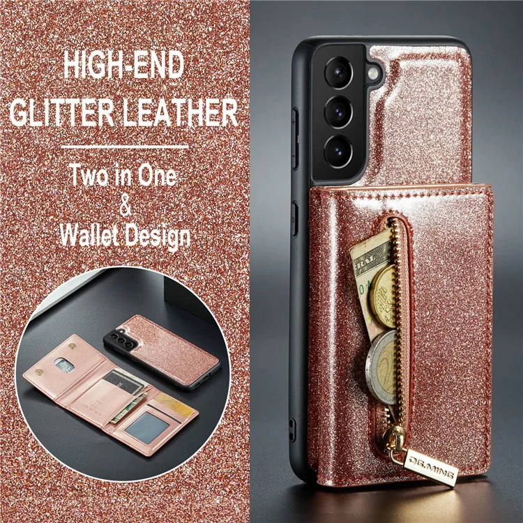 DG.MING M3 Series For Samsung Galaxy S24 Kickstand Case Detachable Wallet Glitter Phone Cover - Rose Gold