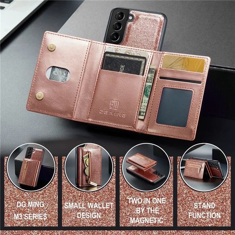 DG.MING M3 Series For Samsung Galaxy S24 Kickstand Case Detachable Wallet Glitter Phone Cover - Rose Gold