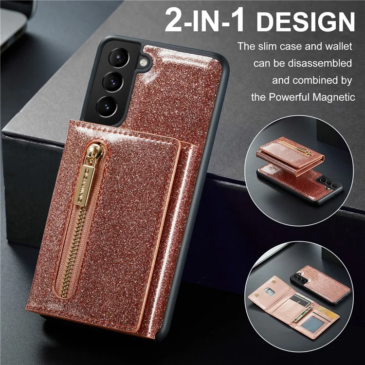 DG.MING M3 Series For Samsung Galaxy S24 Kickstand Case Detachable Wallet Glitter Phone Cover - Rose Gold