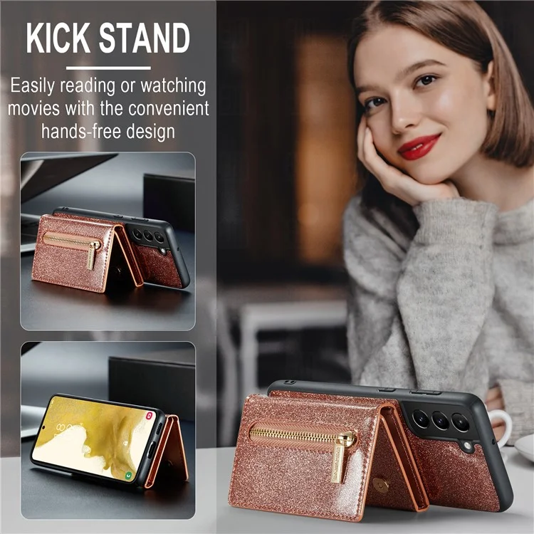 DG.MING M3 Series For Samsung Galaxy S24 Kickstand Case Detachable Wallet Glitter Phone Cover - Rose Gold