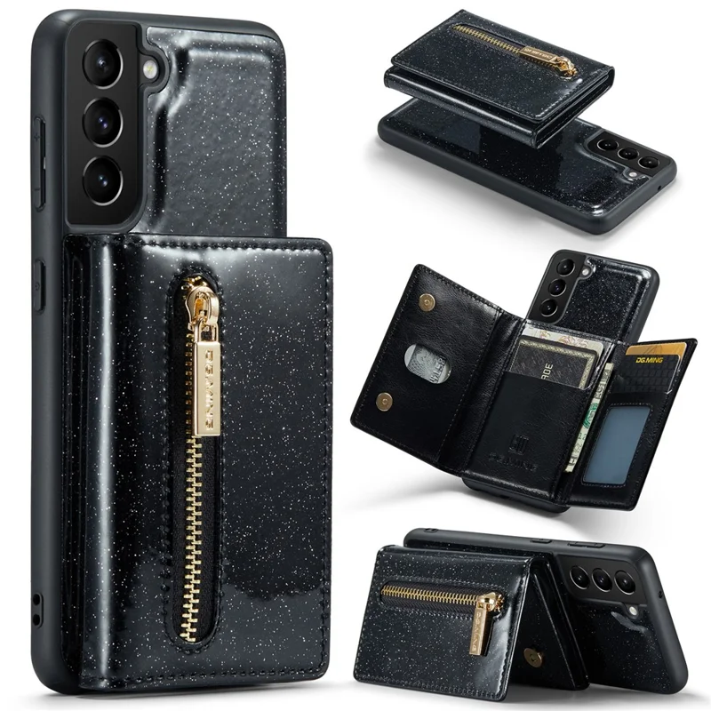 DG.MING M3 Series For Samsung Galaxy S24 Kickstand Case Detachable Wallet Glitter Phone Cover - Black