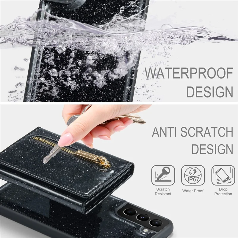 DG.MING M3 Series For Samsung Galaxy S24 Kickstand Case Detachable Wallet Glitter Phone Cover - Black