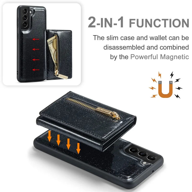 DG.MING M3 Series For Samsung Galaxy S24 Kickstand Case Detachable Wallet Glitter Phone Cover - Black