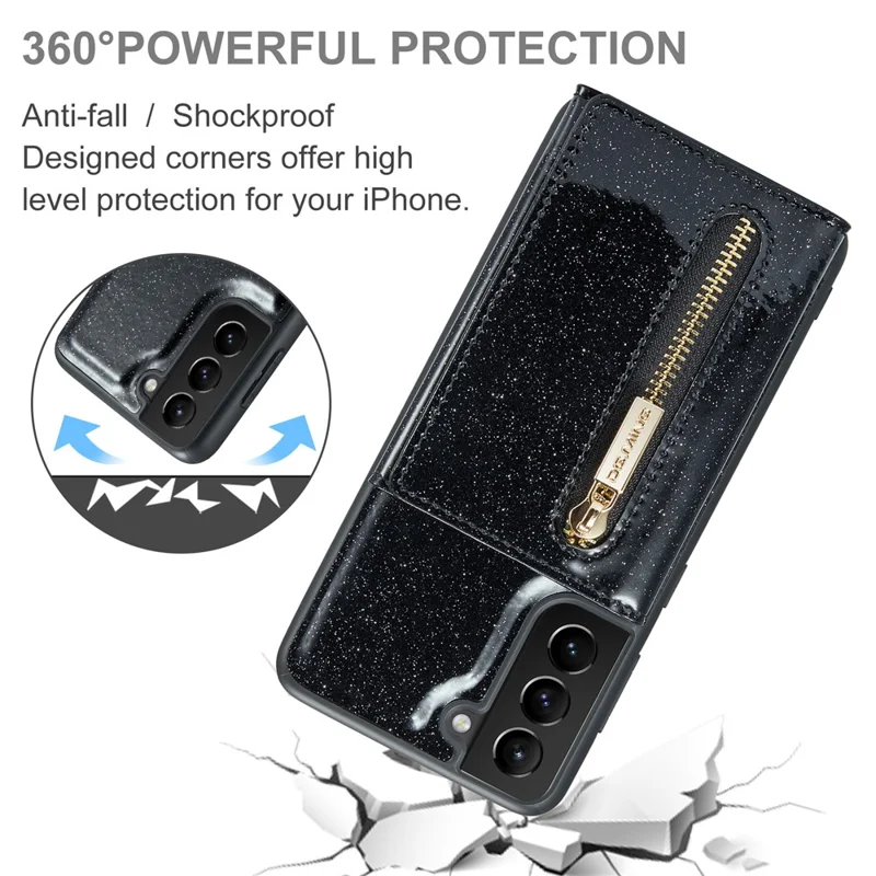 DG.MING M3 Series For Samsung Galaxy S24 Kickstand Case Detachable Wallet Glitter Phone Cover - Black