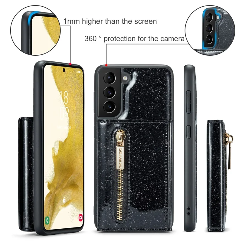 DG.MING M3 Series For Samsung Galaxy S24 Kickstand Case Detachable Wallet Glitter Phone Cover - Black