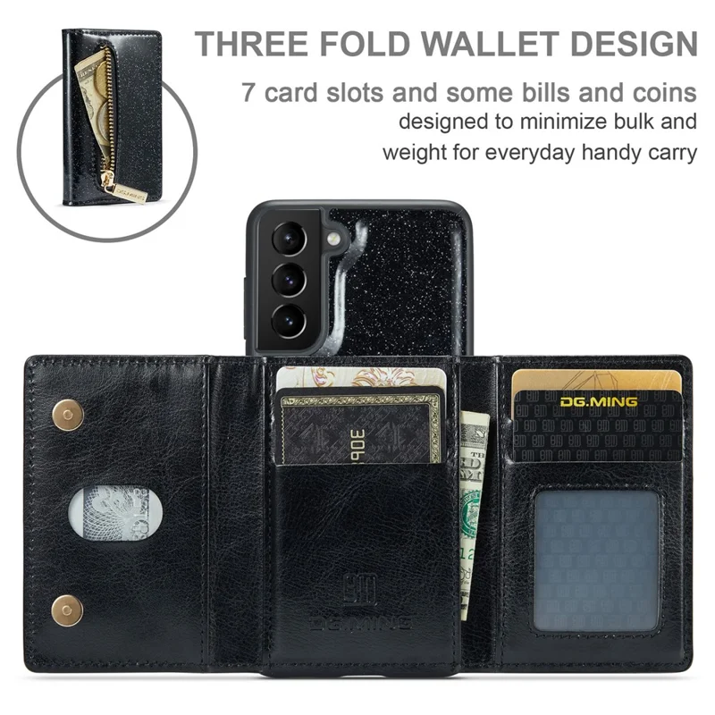 DG.MING M3 Series For Samsung Galaxy S24 Kickstand Case Detachable Wallet Glitter Phone Cover - Black