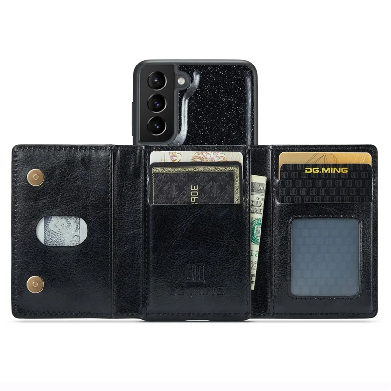 DG.MING M3 Series For Samsung Galaxy S24 Kickstand Case Detachable Wallet Glitter Phone Cover - Black