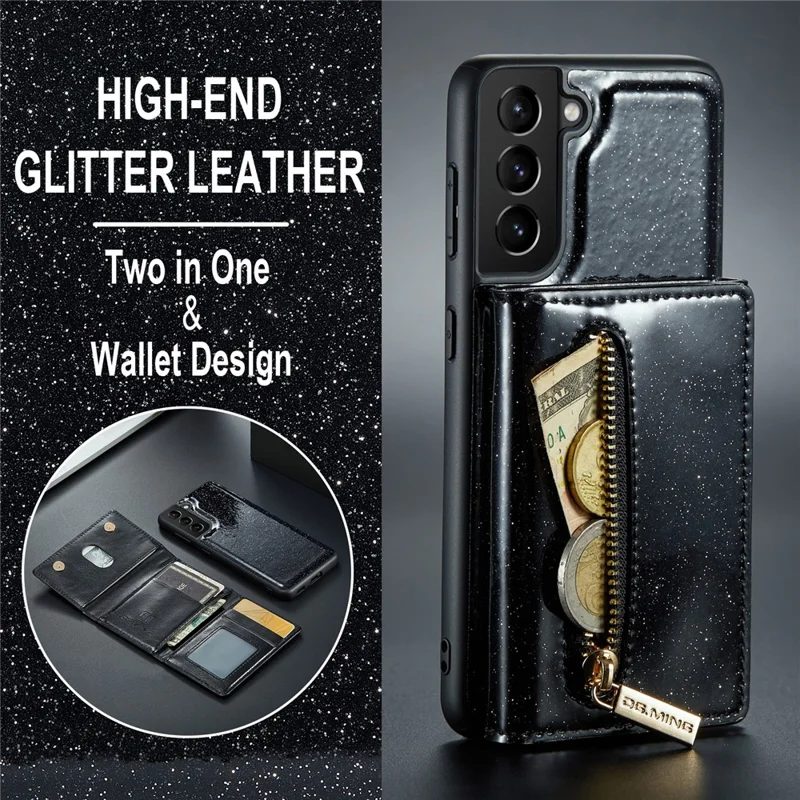 DG.MING M3 Series For Samsung Galaxy S24 Kickstand Case Detachable Wallet Glitter Phone Cover - Black