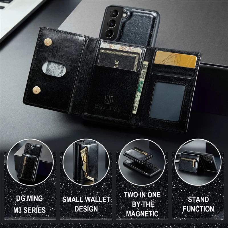 DG.MING M3 Series For Samsung Galaxy S24 Kickstand Case Detachable Wallet Glitter Phone Cover - Black