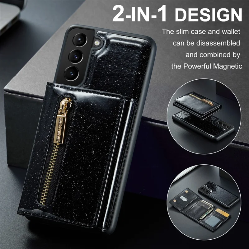 DG.MING M3 Series For Samsung Galaxy S24 Kickstand Case Detachable Wallet Glitter Phone Cover - Black