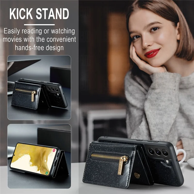 DG.MING M3 Series For Samsung Galaxy S24 Kickstand Case Detachable Wallet Glitter Phone Cover - Black