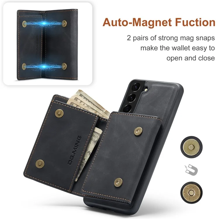 DG.MING M1 Series for Samsung Galaxy S24+ Case Magnetic Wallet Leather Coated PC+TPU Cover - Black