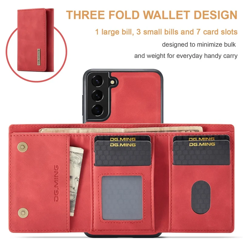 DG.MING M1 Series for Samsung Galaxy S24+ Case Magnetic Wallet Leather Coated PC+TPU Cover - Red