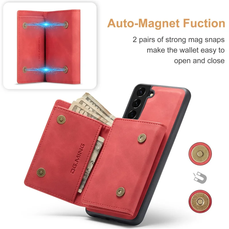 DG.MING M1 Series for Samsung Galaxy S24+ Case Magnetic Wallet Leather Coated PC+TPU Cover - Red