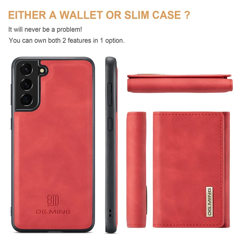 DG.MING M1 Series for Samsung Galaxy S24+ Case Magnetic Wallet Leather Coated PC+TPU Cover - Red