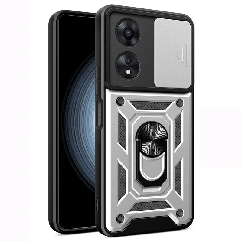 For Oppo A58 4G Case Slide Lens Cover PC+TPU Kickstand Cover - Silver