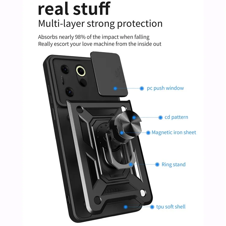 Für TECNO Camon 20 Premier 5G-Hülle Slide Lens Protection Kickstand Handyhülle - Schwarz