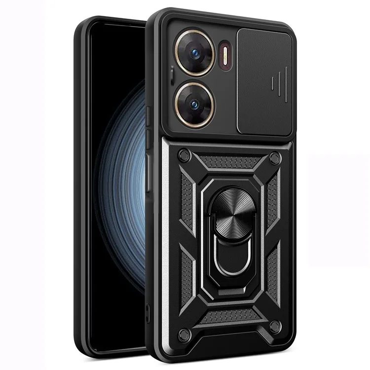 Для vivo V29e (Индия) 5G Kickstand Case PC+TPU Cover с защитой выдвижного объектива - черный