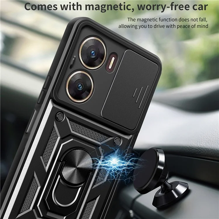 Для vivo V29e (Индия) 5G Kickstand Case PC+TPU Cover с защитой выдвижного объектива - черный