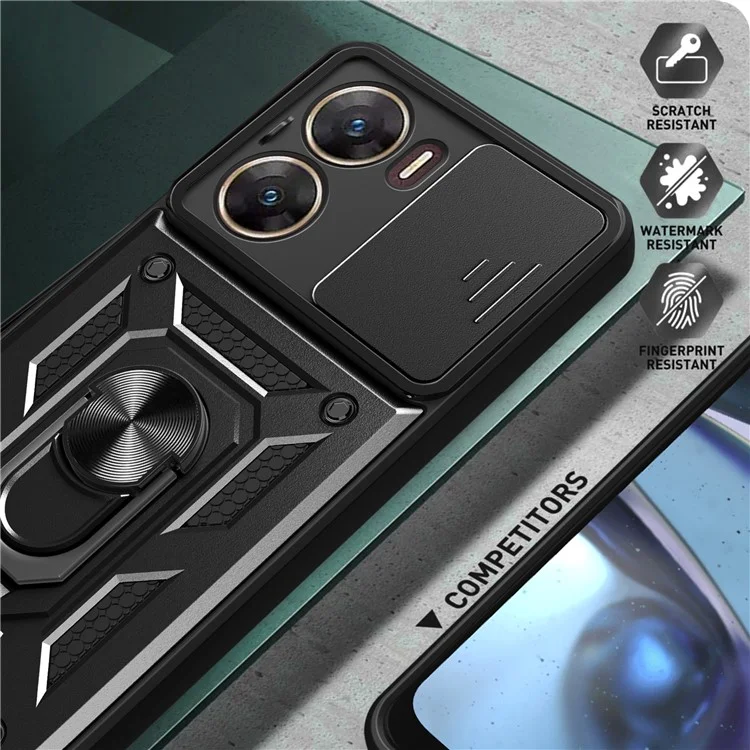 Для vivo V29e (Индия) 5G Kickstand Case PC+TPU Cover с защитой выдвижного объектива - черный