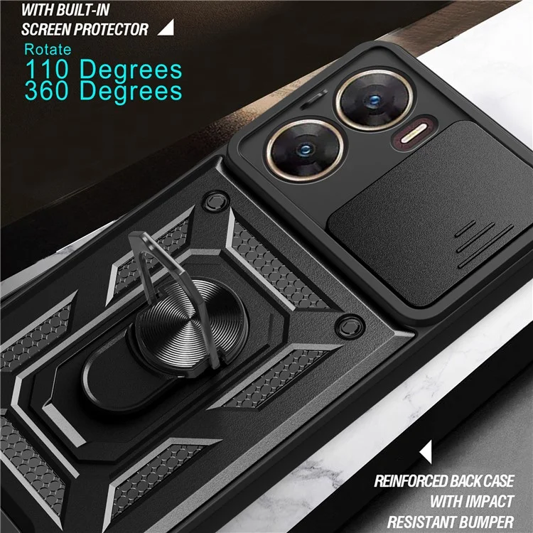 Для vivo V29e (Индия) 5G Kickstand Case PC+TPU Cover с защитой выдвижного объектива - черный