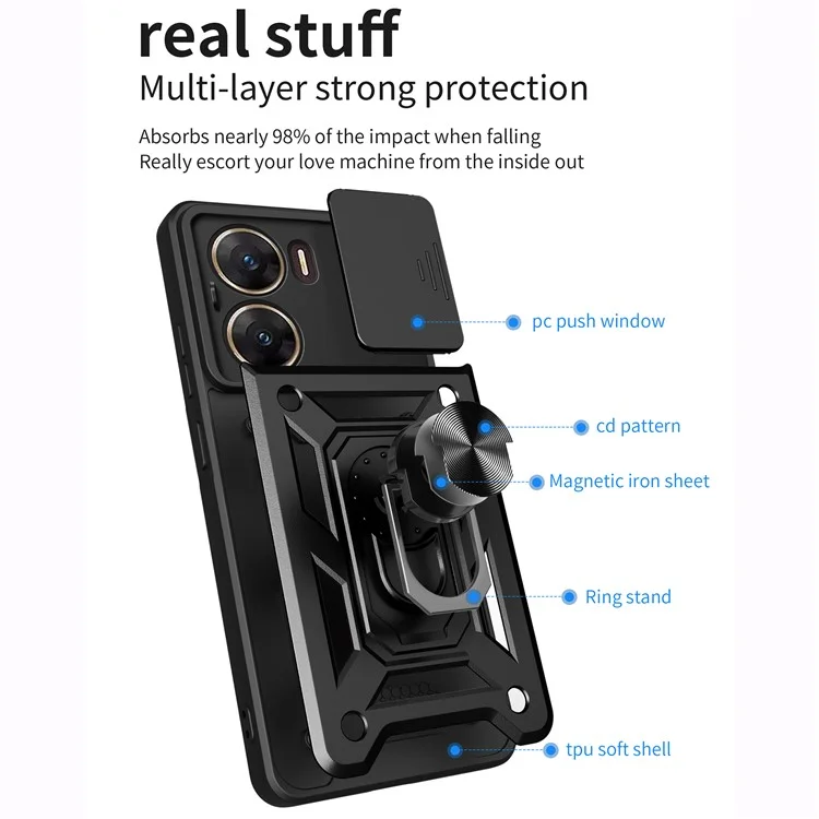 Для vivo V29e (Индия) 5G Kickstand Case PC+TPU Cover с защитой выдвижного объектива - черный