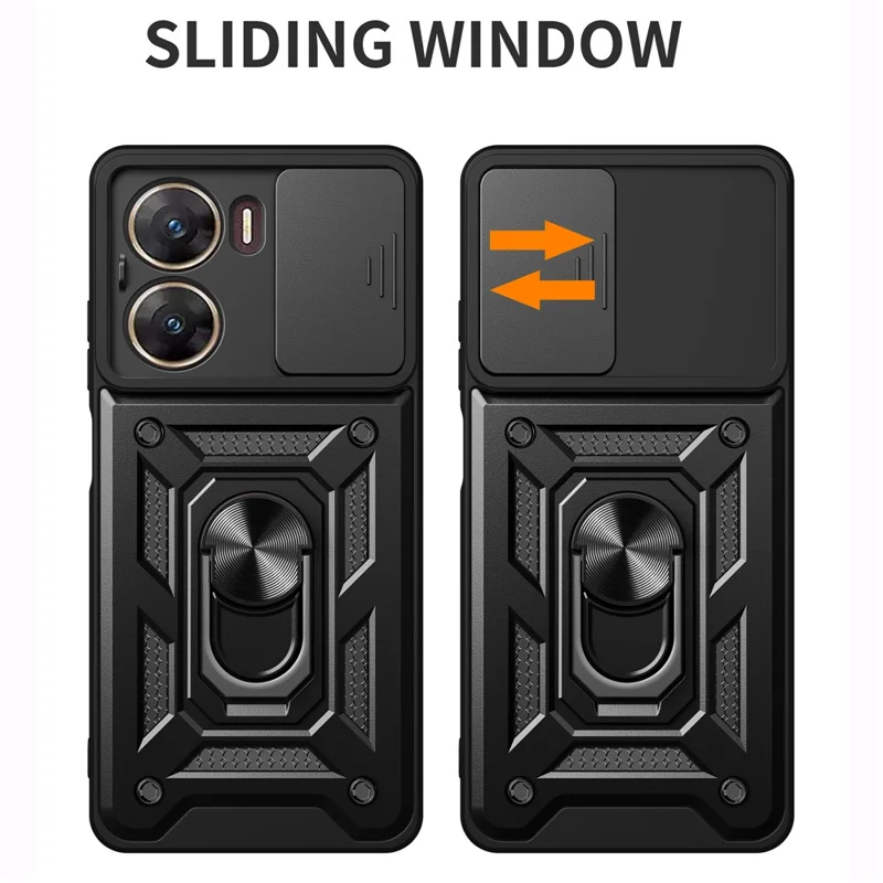 For vivo V29e (India) 5G Kickstand Case PC+TPU Cover with Slide Lens Protection - Silver