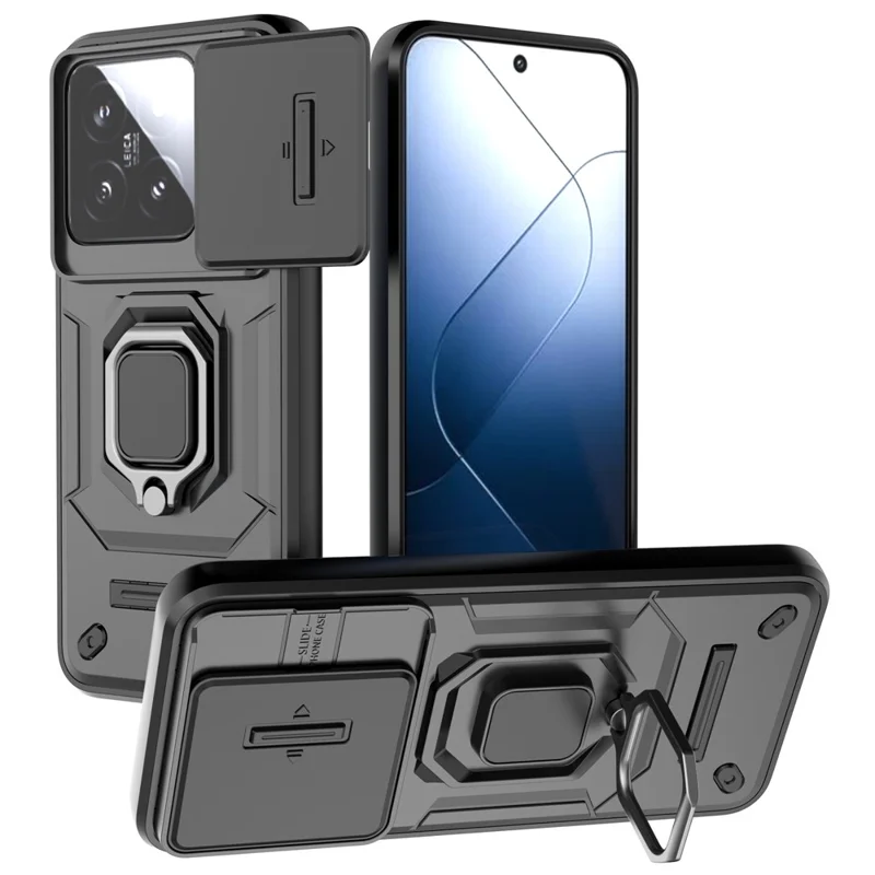 For Xiaomi 14 Cell Phone Cases PC+TPU Anti-fall Kickstand Cover with Slide Lens Protection - Black