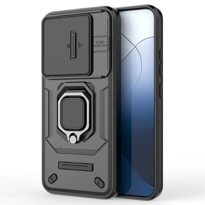For Xiaomi 14 Cell Phone Cases PC+TPU Anti-fall Kickstand Cover with Slide Lens Protection - Black
