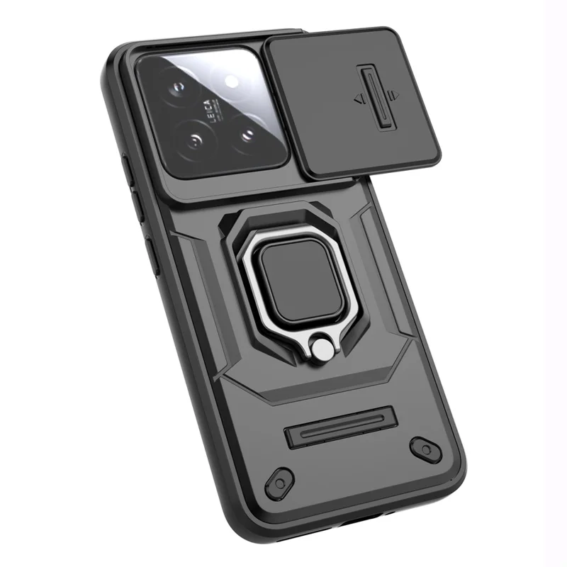 For Xiaomi 14 Cell Phone Cases PC+TPU Anti-fall Kickstand Cover with Slide Lens Protection - Black