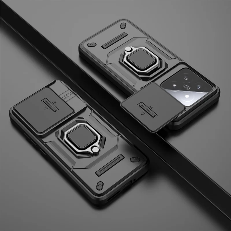 For Xiaomi 14 Cell Phone Cases PC+TPU Anti-fall Kickstand Cover with Slide Lens Protection - Black